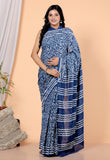Bagru Block Print Cotton mulmul Sarees With Running Blue HS-5050