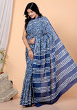 Bagru Block Print Cotton mulmul Sarees With Running Blue HS-5050
