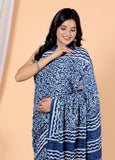 Bagru Block Print Cotton mulmul Sarees With Running Blue HS-5050