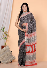 Bagru Block Print Cotton mulmul Sarees With Running Black HS-5051