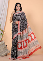 Bagru Block Print Cotton mulmul Sarees With Running Black HS-5051