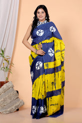 Bagru Block Print Cotton mulmul Sarees With Running Yellow Blue HS-5052
