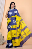 Bagru Block Print Cotton mulmul Sarees With Running Yellow Blue HS-5052