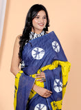 Bagru Block Print Cotton mulmul Sarees With Running Yellow Blue HS-5052