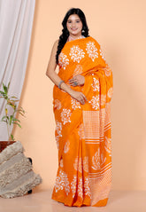 Bagru Block Print Cotton mulmul Sarees With Running Orange HS-5053