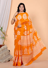 Bagru Block Print Cotton mulmul Sarees With Running Orange HS-5053