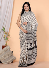 Bagru Block Print Cotton mulmul Sarees With Running Black White HS-5054