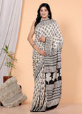 Bagru Block Print Cotton mulmul Sarees With Running Black White HS-5054