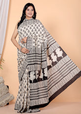 Bagru Block Print Cotton mulmul Sarees With Running Black White HS-5054