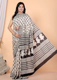 Bagru Block Print Cotton mulmul Sarees With Running Black White HS-5054