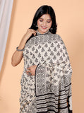 Bagru Block Print Cotton mulmul Sarees With Running Black White HS-5054