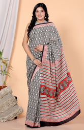 Bagru Block Print Cotton mulmul Sarees With Running Black HS-5055