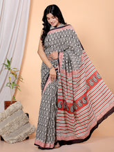 Bagru Block Print Cotton mulmul Sarees With Running Black HS-5055