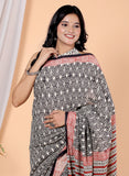 Bagru Block Print Cotton mulmul Sarees With Running Black HS-5055
