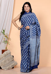 Bagru Block Print Cotton mulmul Sarees With Running Blue HS-5056
