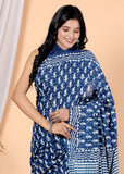 Bagru Block Print Cotton mulmul Sarees With Running Blue HS-5056