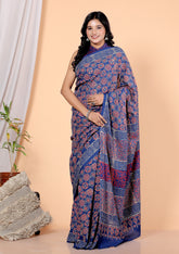 Bagru Block Print Cotton mulmul Sarees With Running Blue HS-5057