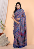 Bagru Block Print Cotton mulmul Sarees With Running Blue HS-5057