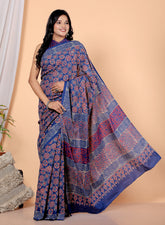 Bagru Block Print Cotton mulmul Sarees With Running Blue HS-5057