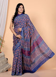 Bagru Block Print Cotton mulmul Sarees With Running Blue HS-5057