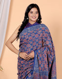 Bagru Block Print Cotton mulmul Sarees With Running Blue HS-5057
