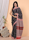 Bagru Block Print Cotton mulmul Sarees With Running Black HS-5058