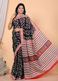 Bagru Block Print Cotton mulmul Sarees With Running Black HS-5058