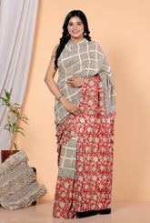 Bagru Block Print Cotton mulmul Sarees With Running Off White HS-5059