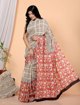 Bagru Block Print Cotton mulmul Sarees With Running Off White HS-5059