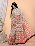 Bagru Block Print Cotton mulmul Sarees With Running Off White HS-5059