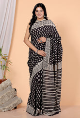 Bagru Block Print Cotton mulmul Sarees With Running Black HS-5060