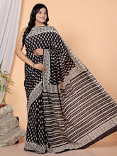 Bagru Block Print Cotton mulmul Sarees With Running Black HS-5060