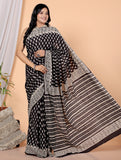 Bagru Block Print Cotton mulmul Sarees With Running Black HS-5060