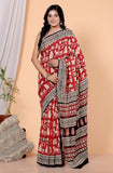 Bagru Block Print Cotton mulmul Sarees With Running Red HS-5061