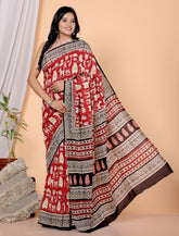 Bagru Block Print Cotton mulmul Sarees With Running Red HS-5061