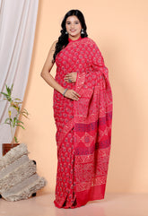 Bagru Block Print Cotton mulmul Sarees With Running Red HS-5063