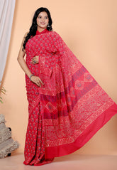 Bagru Block Print Cotton mulmul Sarees With Running Red HS-5063