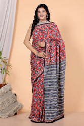 Bagru Block Print Cotton mulmul Sarees With Running Red Purple HS-5064