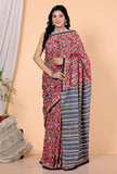 Bagru Block Print Cotton mulmul Sarees With Running Red Purple HS-5064