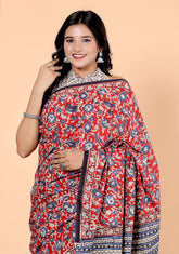 Bagru Block Print Cotton mulmul Sarees With Running Red Purple HS-5064