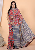 Bagru Block Print Cotton mulmul Sarees With Running Red Purple HS-5064