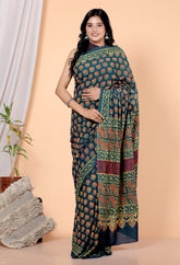 Bagru Block Print Cotton mulmul Sarees With Running Purple HS-5065