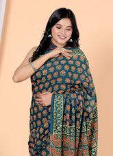 Bagru Block Print Cotton mulmul Sarees With Running Purple HS-5065