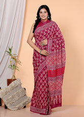 Bagru Block Print Cotton mulmul Sarees With Running Dark Pink HS-5066