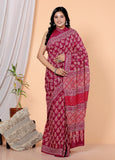 Bagru Block Print Cotton mulmul Sarees With Running Dark Pink HS-5066