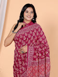 Bagru Block Print Cotton mulmul Sarees With Running Dark Pink HS-5066