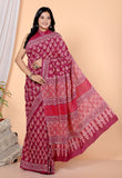 Bagru Block Print Cotton mulmul Sarees With Running Dark Pink HS-5066