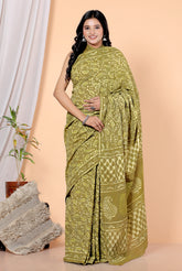 Bagru Block Print Cotton mulmul Sarees With Running Green HS-5067
