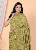 Bagru Block Print Cotton mulmul Sarees With Running Green HS-5067