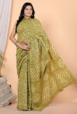 Bagru Block Print Cotton mulmul Sarees With Running Green HS-5067